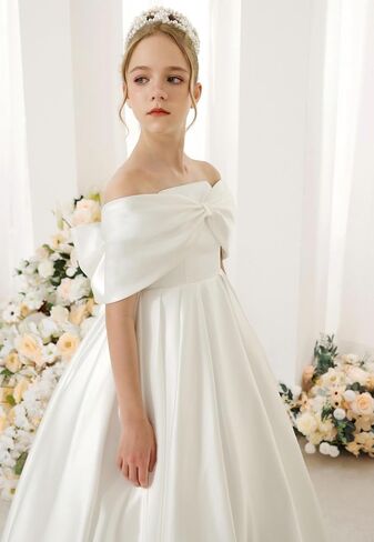 Girls Satin Flower Girl Dress Off the Shoulder Bow Ball Gown with Train for Wedding Pageant 2-14 in Saudi Arabia