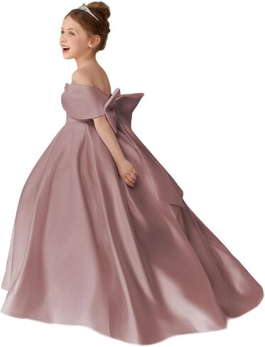 Girls Satin Flower Girl Dress Off the Shoulder Bow Ball Gown with Train for Wedding Pageant 2-14 in Saudi Arabia