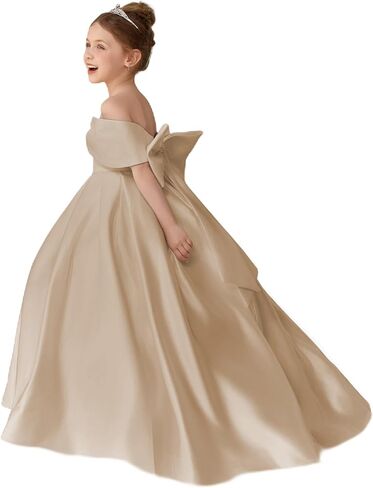 Girls Satin Flower Girl Dress Off the Shoulder Bow Ball Gown with Train for Wedding Pageant 2-14 in Saudi Arabia