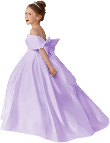 Girls Satin Flower Girl Dress Off the Shoulder Bow Ball Gown with Train for Wedding Pageant 2-14 in Saudi Arabia