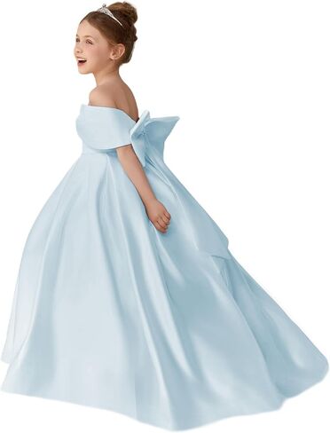 Girls Satin Flower Girl Dress Off the Shoulder Bow Ball Gown with Train for Wedding Pageant 2-14 in Saudi Arabia