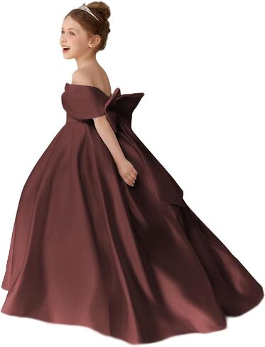 Girls Satin Flower Girl Dress Off the Shoulder Bow Ball Gown with Train for Wedding Pageant 2-14 in Saudi Arabia