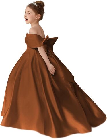 Girls Satin Flower Girl Dress Off the Shoulder Bow Ball Gown with Train for Wedding Pageant 2-14 in Saudi Arabia