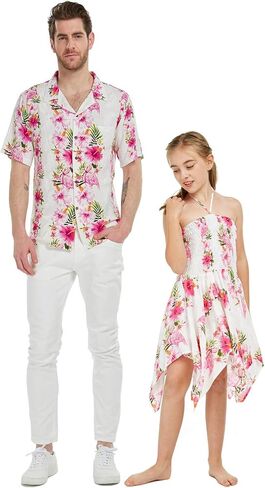 Matching Father Daughter Hawaiian Luau Men Shirt Girl Gypsy Dress in Pink Hibiscus Vine in Kuwait