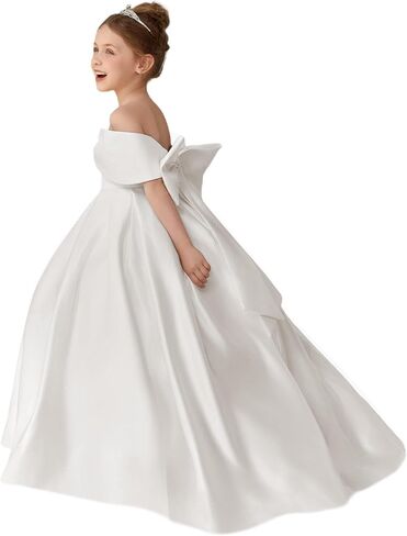 Girls Satin Flower Girl Dress Off the Shoulder Bow Ball Gown with Train for Wedding Pageant 2-14 in Saudi Arabia