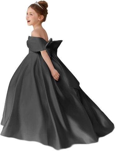 Girls Satin Flower Girl Dress Off the Shoulder Bow Ball Gown with Train for Wedding Pageant 2-14 in Saudi Arabia