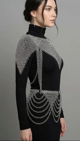 درع أنيق من سلسلة البريد الفضي، حزام للكتف والخصر مصنوع يدويًا للمهرجانات، والأزياء التنكرية والأزياء القوطية in Kuwait