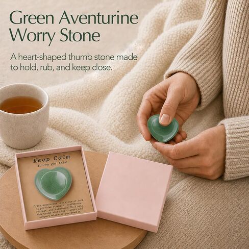 Green Aventurine Worry Stone Thumb Stone for Anxiety Stress Relief, Inspirational Pocket Crystal Heart Gift with Encouragement Card, Comfort Keep Calm Token for Women Men, School Work Travel Self Care in Saudi Arabia