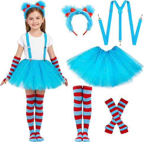 Girls Blue World Book Day Costume - Youth Kids Fuzzy Headband, Tutu & Dress Up Kits, 100th Day of School, Spirit Day Halloween Cosplay (Blue) in Saudi Arabia