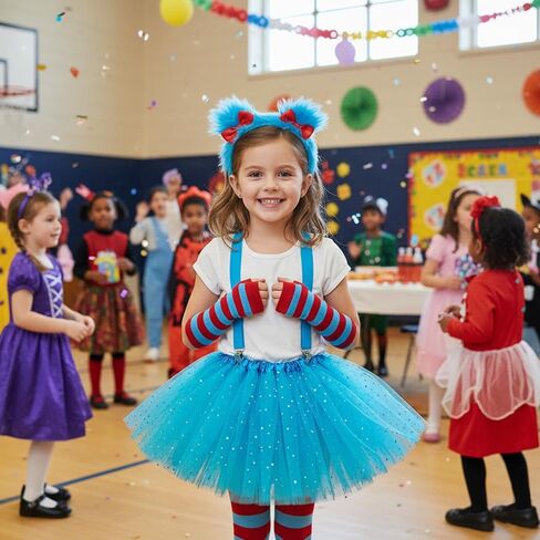 Girls Blue World Book Day Costume - Youth Kids Fuzzy Headband, Tutu & Dress Up Kits, 100th Day of School, Spirit Day Halloween Cosplay (Blue) in Saudi Arabia