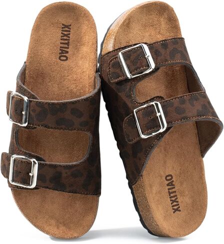 XIXITIAO Suede Sandals Womens with Adjustable Dual Buckle, Fashion Slides Sandals with Arch Support Cork Footbed, Non Slip Slippers for Women in Saudi Arabia