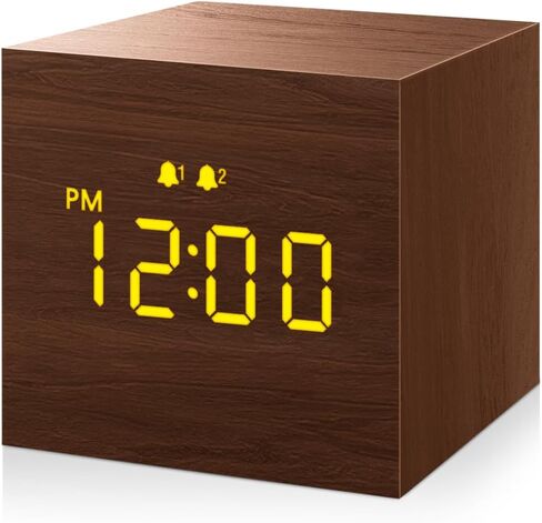 Digital Alarm Clock, with Wooden Electronic LED Time Display, 3 Alarm, 2.5-inch Cubic Small Mini Wood Made Electric Clocks for Bedroom, Bedside, Desk, Brown in Saudi Arabia