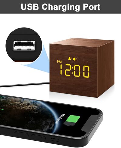 Digital Alarm Clock, with Wooden Electronic LED Time Display, 3 Alarm, 2.5-inch Cubic Small Mini Wood Made Electric Clocks for Bedroom, Bedside, Desk, Brown in Saudi Arabia