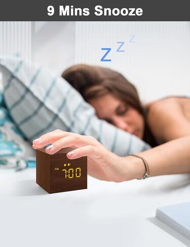 Digital Alarm Clock, with Wooden Electronic LED Time Display, 3 Alarm, 2.5-inch Cubic Small Mini Wood Made Electric Clocks for Bedroom, Bedside, Desk, Brown in Saudi Arabia