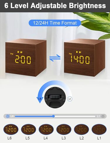 Digital Alarm Clock, with Wooden Electronic LED Time Display, 3 Alarm, 2.5-inch Cubic Small Mini Wood Made Electric Clocks for Bedroom, Bedside, Desk, Brown in Saudi Arabia