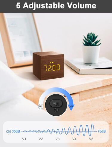 Digital Alarm Clock, with Wooden Electronic LED Time Display, 3 Alarm, 2.5-inch Cubic Small Mini Wood Made Electric Clocks for Bedroom, Bedside, Desk, Brown in Saudi Arabia
