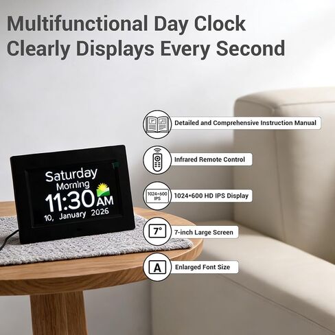 Digital Dementia Clocks for Seniors - 7" Large Display Calendar Clock with Day & Date for Elderly, Auto DST | 20 Alarm Reminders, Essential Alzheimers Clock & Gift for People with Memory Loss in Saudi Arabia