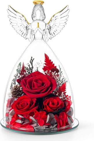 Birthday Gifts for Wife and Girlfriend, Red Preserved Roses in Glass Angel Figurine, Romantic Birthday Gift for Her, Love Keepsake in Saudi Arabia
