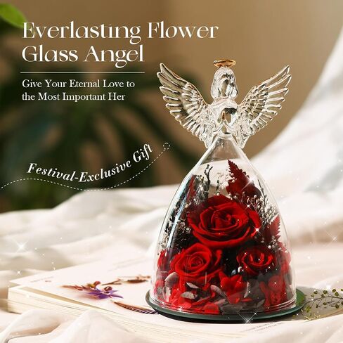 Birthday Gifts for Wife and Girlfriend, Red Preserved Roses in Glass Angel Figurine, Romantic Birthday Gift for Her, Love Keepsake in Saudi Arabia