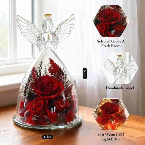 Birthday Gifts for Wife and Girlfriend, Red Preserved Roses in Glass Angel Figurine, Romantic Birthday Gift for Her, Love Keepsake in Saudi Arabia