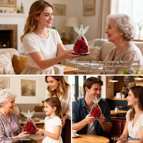 Birthday Gifts for Wife and Girlfriend, Red Preserved Roses in Glass Angel Figurine, Romantic Birthday Gift for Her, Love Keepsake in Saudi Arabia
