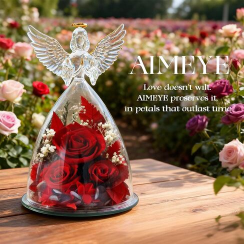 Birthday Gifts for Wife and Girlfriend, Red Preserved Roses in Glass Angel Figurine, Romantic Birthday Gift for Her, Love Keepsake in Saudi Arabia