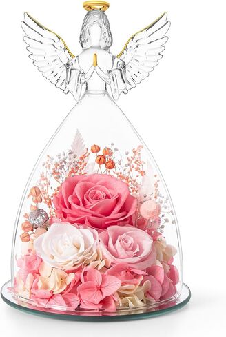 Birthday Gifts for Wife and Girlfriend, Red Preserved Roses in Glass Angel Figurine, Romantic Birthday Gift for Her, Love Keepsake in Saudi Arabia
