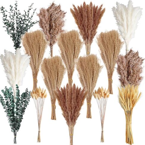 355PCS Dried Pampas Grass Bouquet Set – Dried Eucalyptus, Brown Pampas Grass & White Pampas Grass for Boho Baby Shower Decorations, Boho Wedding Decor, Pampas Grass Wall Decor, Home Decorations Modern in Kuwait