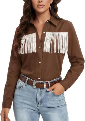Women's Fringe Western Shirts Cowgirl Pearl Button Shirt Cotton Long Sleeve Western Top Country Concert Cowgirl Outfit in Saudi Arabia