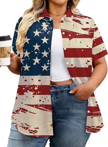 Plus Size American Flag Shirt Women: 4th of July T Shirt USA Flag Print Shirts Patriotic Short Sleeve Button Down Tops in Kuwait