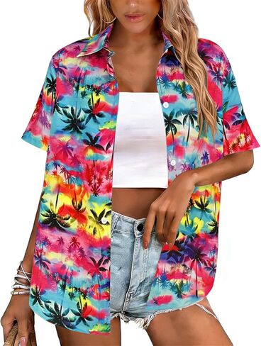 Hawaiian Shirts for Women Button Down Short Sleeve Shirt Summer Hawaii Outfits Tropical Beach Tops in Kuwait