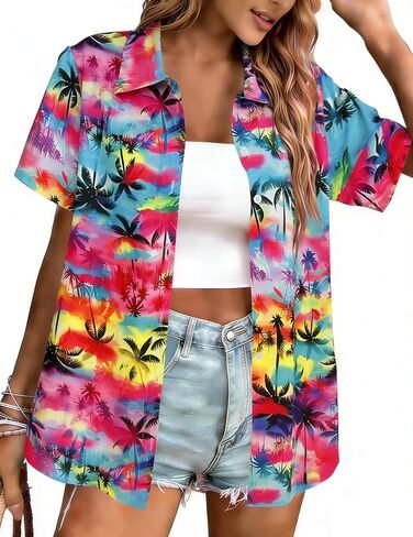 Hawaiian Shirts for Women Button Down Short Sleeve Shirt Summer Hawaii Outfits Tropical Beach Tops in Kuwait