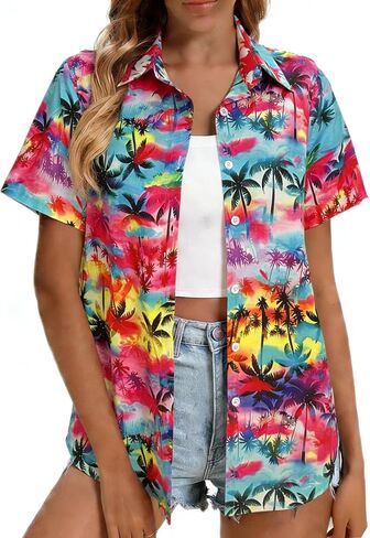 Hawaiian Shirts for Women Button Down Short Sleeve Shirt Summer Hawaii Outfits Tropical Beach Tops in Kuwait