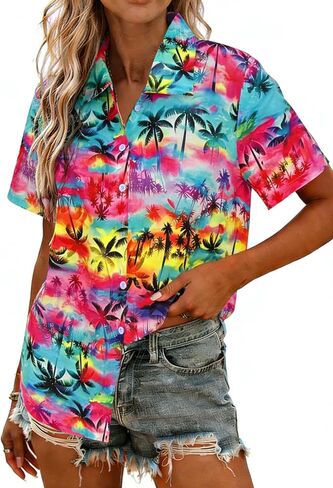 Hawaiian Shirts for Women Button Down Short Sleeve Shirt Summer Hawaii Outfits Tropical Beach Tops in Kuwait