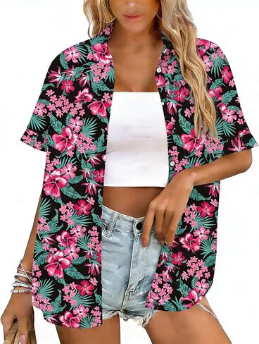 Hawaiian Shirts for Women Button Down Short Sleeve Shirt Summer Hawaii Outfits Tropical Beach Tops in Kuwait