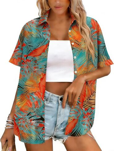 Hawaiian Shirts for Women Button Down Short Sleeve Shirt Summer Hawaii Outfits Tropical Beach Tops in Kuwait