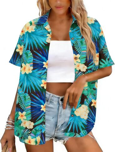 Hawaiian Shirts for Women Button Down Short Sleeve Shirt Summer Hawaii Outfits Tropical Beach Tops in Kuwait