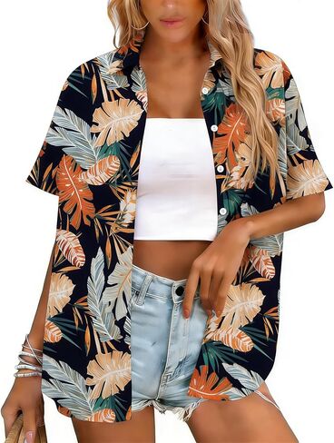 Hawaiian Shirts for Women Button Down Short Sleeve Shirt Summer Hawaii Outfits Tropical Beach Tops in Kuwait