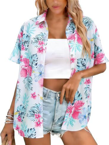 Hawaiian Shirts for Women Button Down Short Sleeve Shirt Summer Hawaii Outfits Tropical Beach Tops in Kuwait