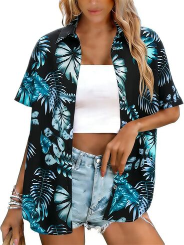 Hawaiian Shirts for Women Button Down Short Sleeve Shirt Summer Hawaii Outfits Tropical Beach Tops in Kuwait