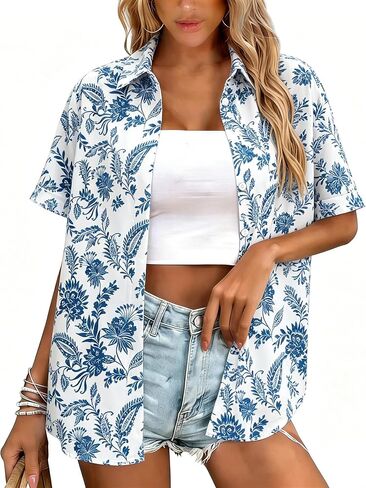 Hawaiian Shirts for Women Button Down Short Sleeve Shirt Summer Hawaii Outfits Tropical Beach Tops in Kuwait