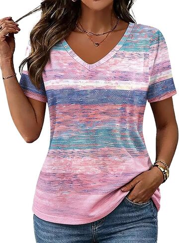 Flamingals Women's V Neck Summer Tops 2026 Short Sleeve Space Dye Colorblock Boho Fitted T Shirts Summer Clothes in Kuwait