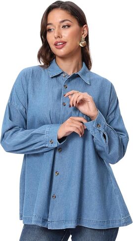 SUNNOW Women's Angled-to-Front Side Seam Denim Shirt Long Length Button Down Tunic Top with Collar in Kuwait