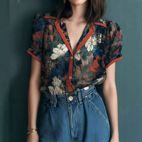 Going Out Tops for Women Floral Short Sleeve V Neck Button Down Comfy Elegant Vacation Tops for Women 2026 in Saudi Arabia