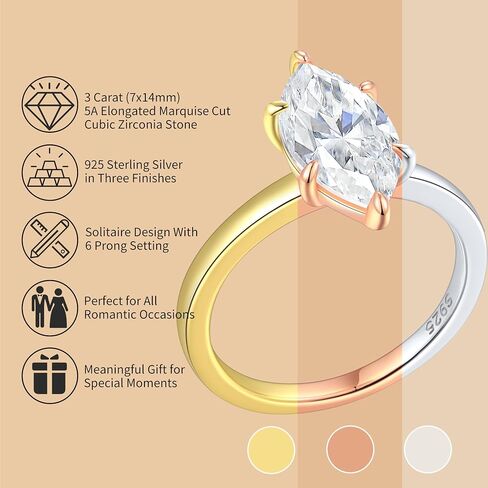 3CT 925 Sterling Silver Engagement Rings for Women Elongated Marquise Cut Solitaire Cubic Zirconia Wedding Rings for Women Promise Rings for Her Size 4-11 in Kuwait