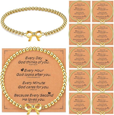 Kigeli 12 Set Bow Gold Beaded Bracelets with Inspirational Cards Bulk Beaded Stretch Charm Bracelets Christian Faith Gifts for Women Bow Party Favors for Friendship Birthday Retirement in Saudi Arabia