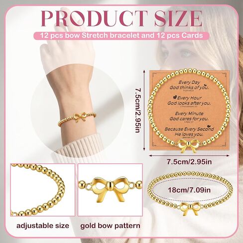 Kigeli 12 Set Bow Gold Beaded Bracelets with Inspirational Cards Bulk Beaded Stretch Charm Bracelets Christian Faith Gifts for Women Bow Party Favors for Friendship Birthday Retirement in Saudi Arabia
