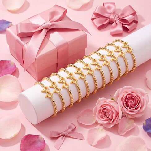 Kigeli 12 Set Bow Gold Beaded Bracelets with Inspirational Cards Bulk Beaded Stretch Charm Bracelets Christian Faith Gifts for Women Bow Party Favors for Friendship Birthday Retirement in Saudi Arabia