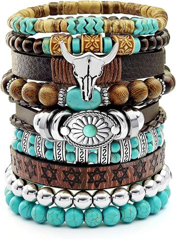 9PCS Stack Turquoise Western Bracelets for Women Men Boho OX Head Turquoise Beaded Leather Bracelet Western Jewelry for Country Concert Outfit Cowboy Chic Vintage Cowgirl Accessories Gift in Kuwait