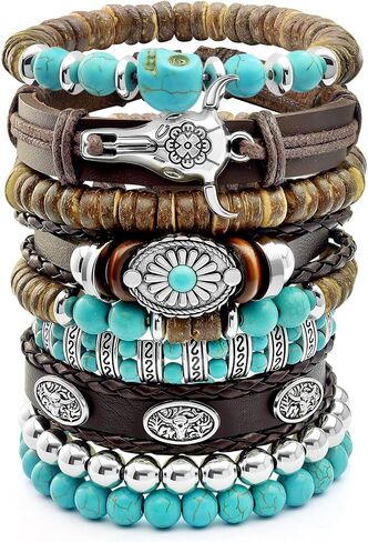 9PCS Stack Turquoise Western Bracelets for Women Men Boho OX Head Turquoise Beaded Leather Bracelet Western Jewelry for Country Concert Outfit Cowboy Chic Vintage Cowgirl Accessories Gift in Kuwait